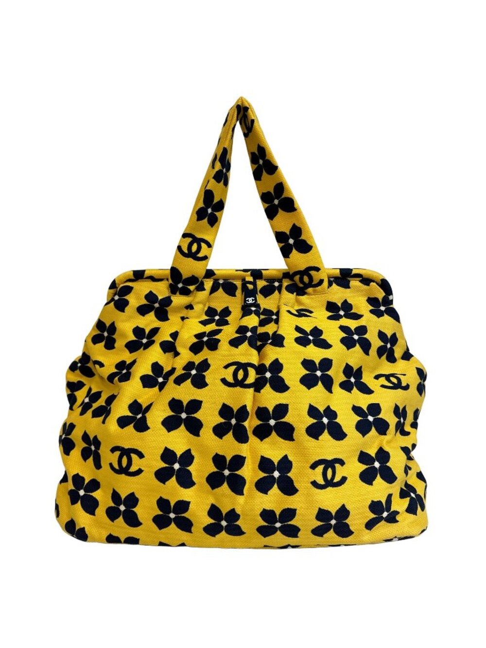 Chanel CC Logo Flower All Over Print Canvas Handbag Yellow Navy Bag